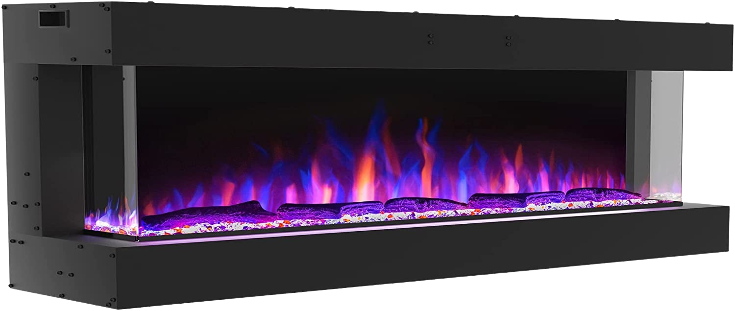 Valuxhome TS72 76 in. 1500W 3-Sided Recessed and Wall Mounted Electric Fireplace with Remote LED Lights Logs and Crystals Black New