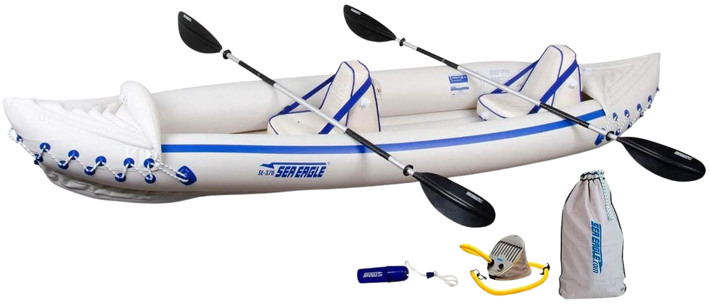 Sea Eagle 370 Inflatable Portable Sport Kayak Canoe 3 Person Pro Package With Paddles White Blue New