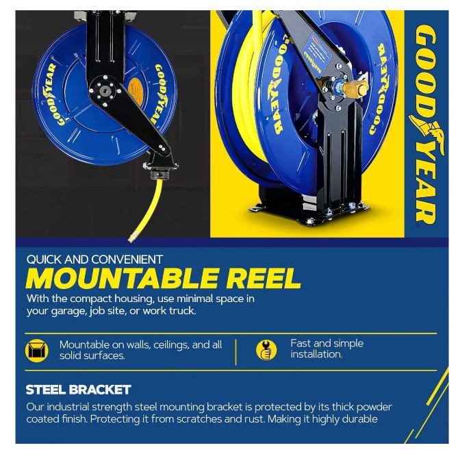 Goodyear Industrial Retractable Air Hose Reel Dual Arm 1/2" x 50' 300 PSI 1/2" NPT L820154G New