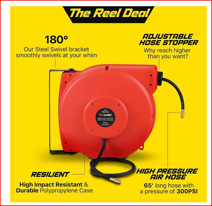ReelWorks GUR016 Mountable Retractable Air Hose Reel 3' Lead-In Hose 1/4" NPT Connections 1/4" x 65' New