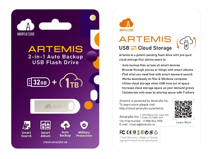 Amaryllo ARTEMIS 2-in-1 Cloud and ThumbDrive 32GB plus 1TB Cloud Storage USB 2.0 Flash Drive Silver New