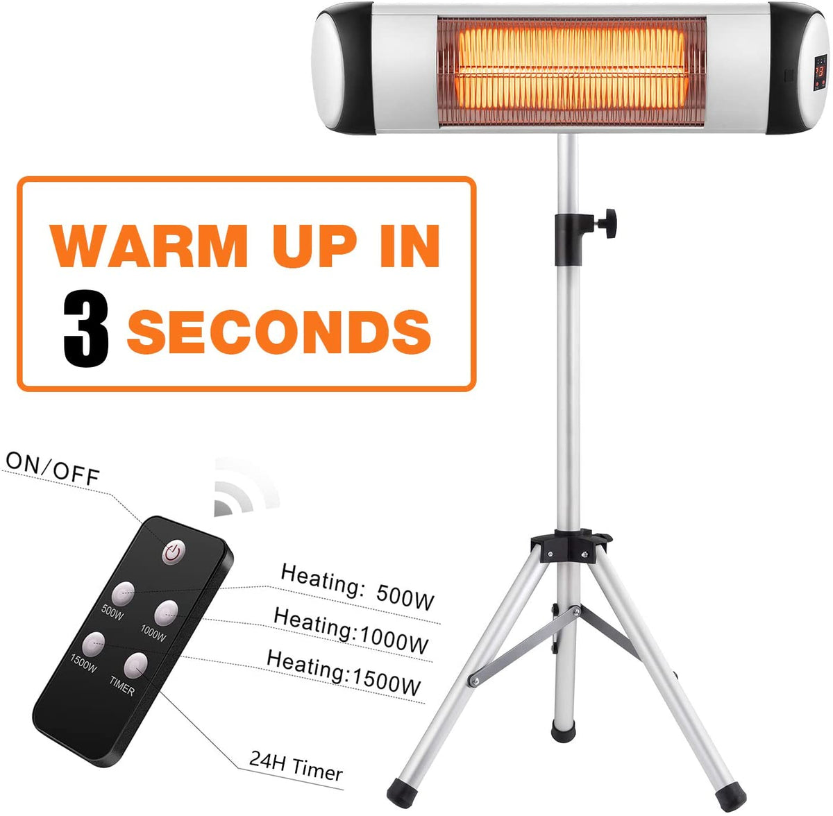 RW Flame 516B 500W-1500W Height Adjustable Waterproof IP65 Rated Infrared Electric Patio Heater With Remote New