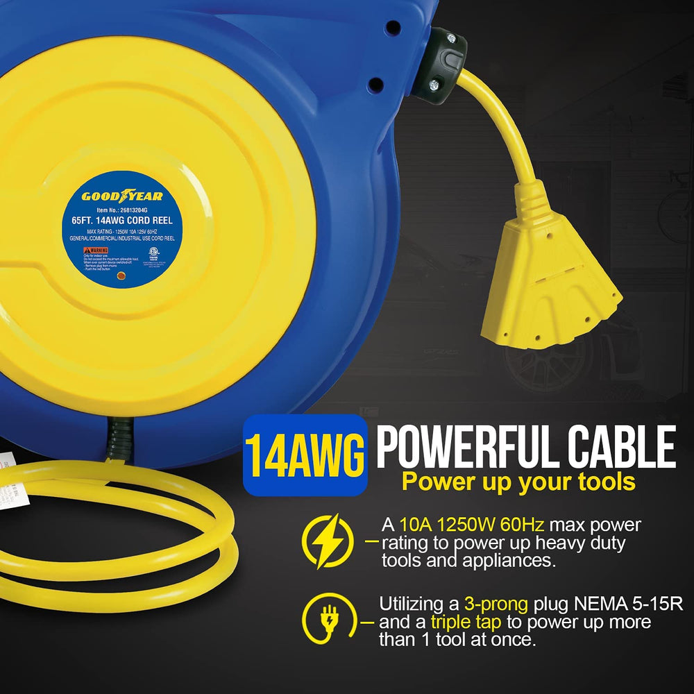 Goodyear Extension Cord Reel 40 ft 14AWG 3C Sjtow Triple Tap with LED Lighted Connector