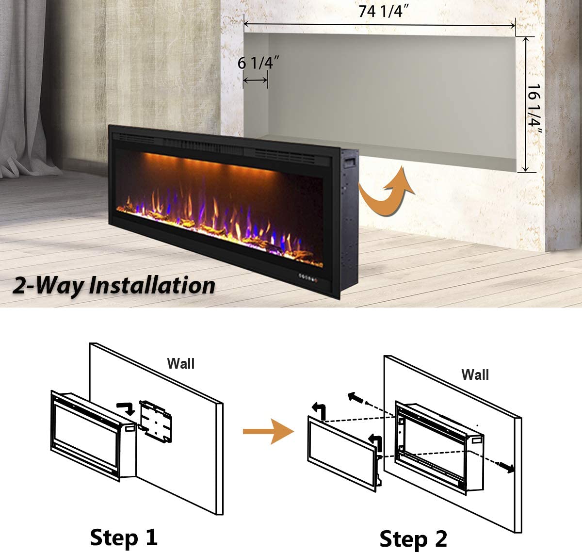Valuxhome BI74 74 in. 750/1500W Recessed and Wall Mounted