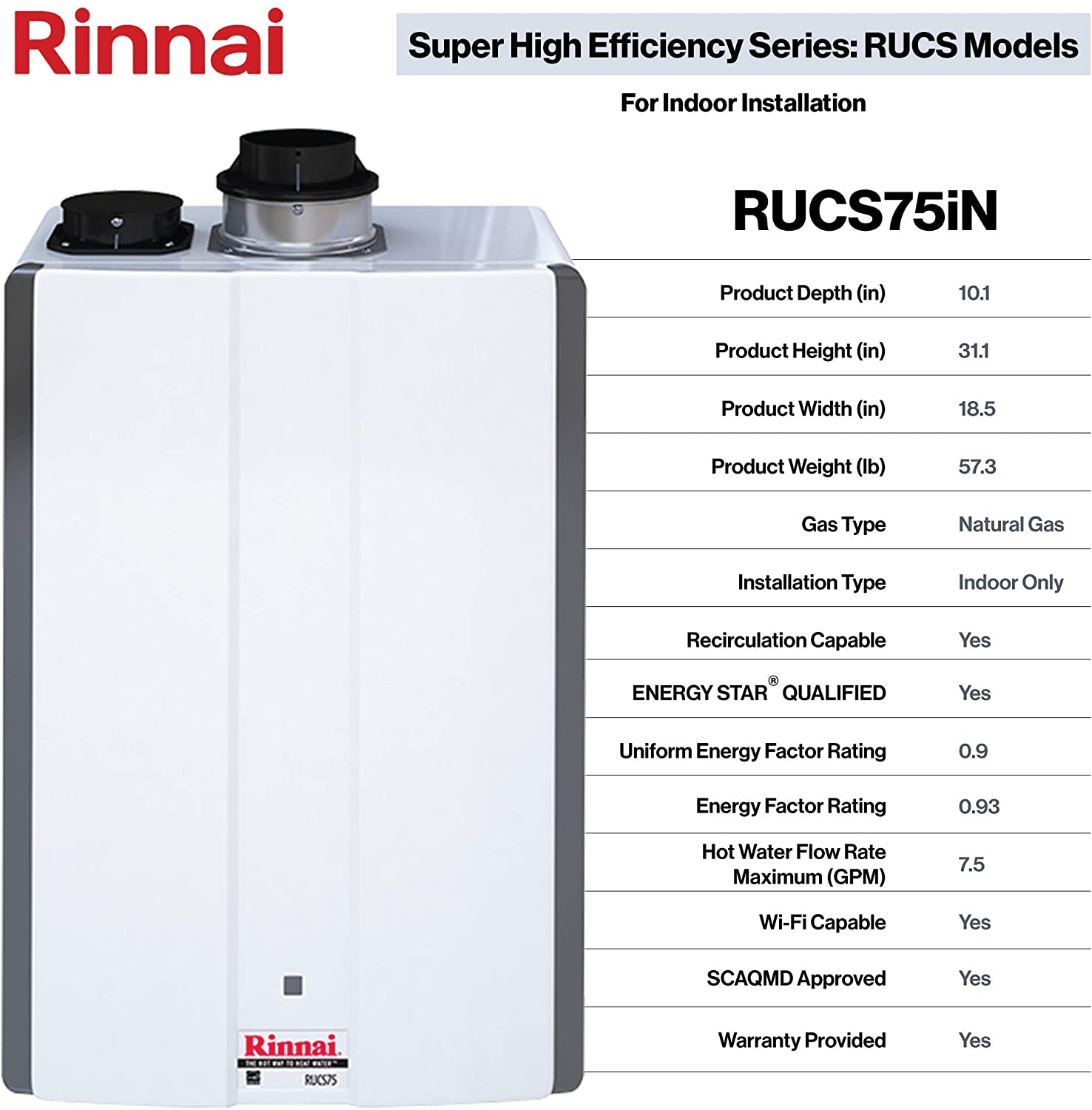 Rinnai RUCS75iN 7.5 GPM Indoor Condensing Whole Home Natural Gas Tankl –  FactoryPure