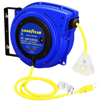 Goodyear 16 AWG x 50' 10A Mountable Retractable Extension Cord Reel New
