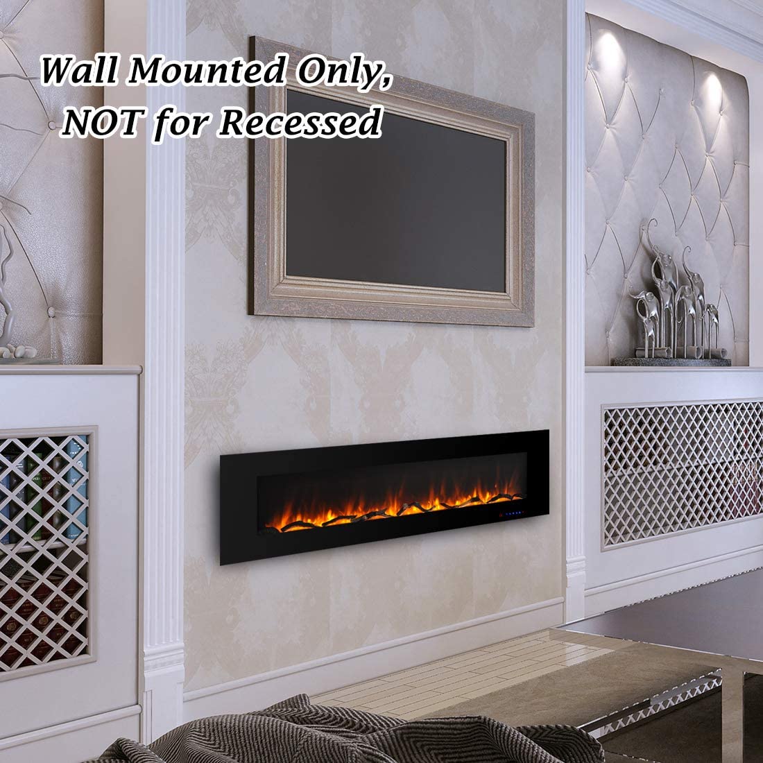 Valuxhome WM72 72 in. 750/1500W Wall Mounted Log and Crystals Fireplace with Remote Black New