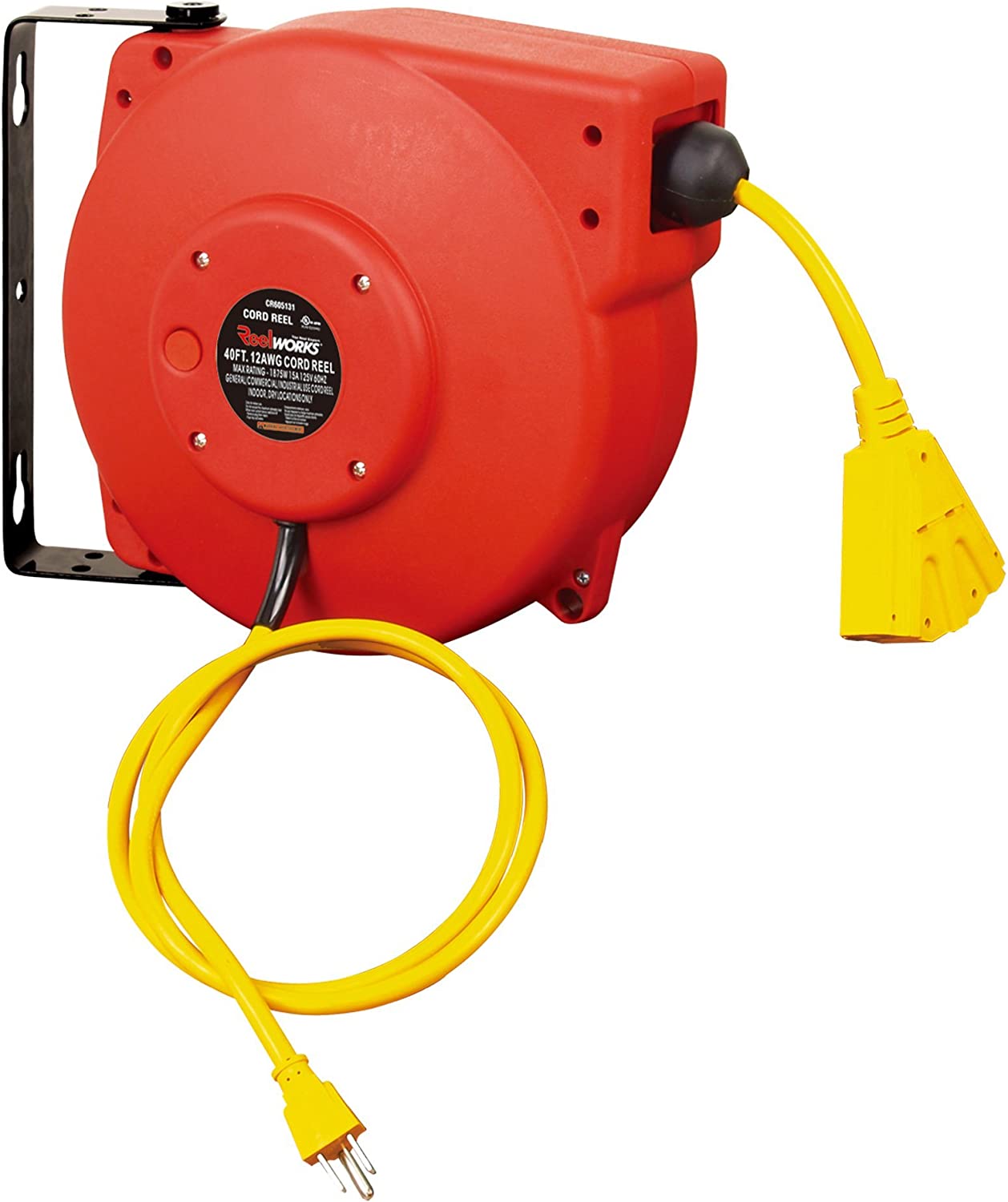 ReelWorks CR605131S3A 12 AWG x 40' 15 A 3 Grounded Outlets Retractable Extension Cord Reel New