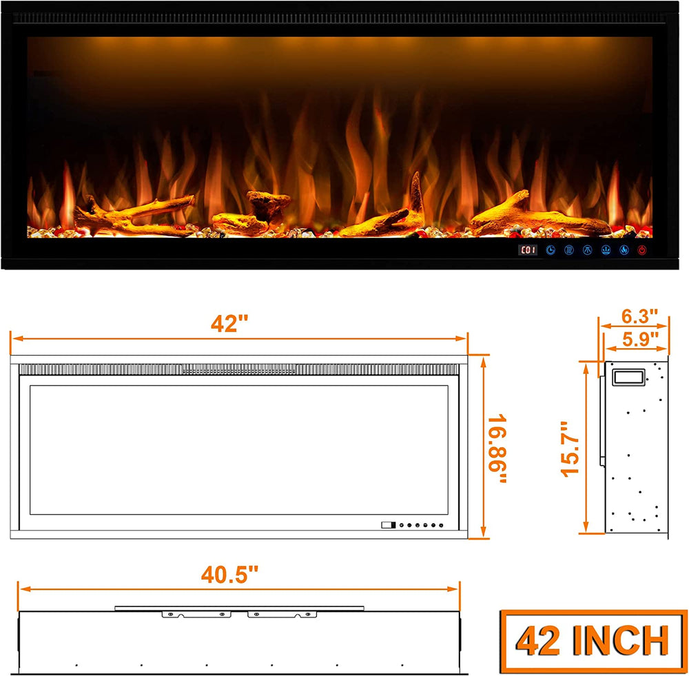 Benrocks BI42Z 42 in. 750/1500W Recessed and Wall Mounted Fireplace with Remote and App Control Black New