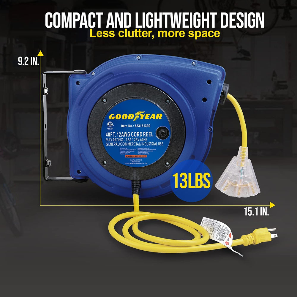 Goodyear 12 AWG x 40' Retractable Extension Cord Reel New – FactoryPure