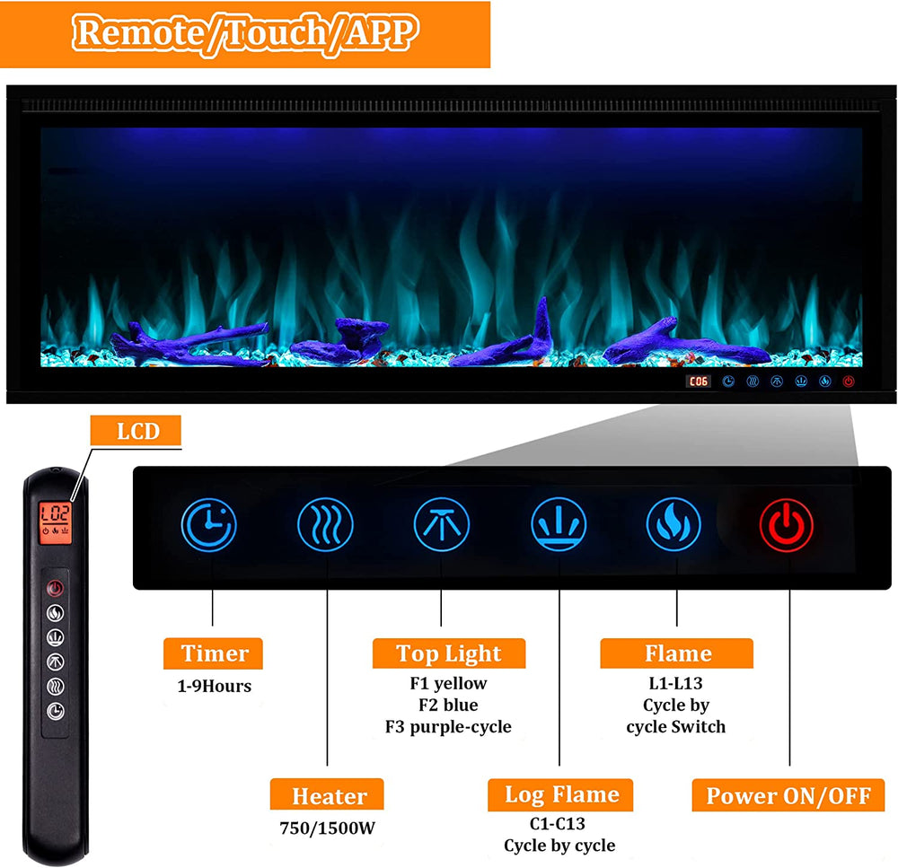 Benrocks BI42Z 42 in. 750/1500W Recessed and Wall Mounted Fireplace with Remote and App Control Black New