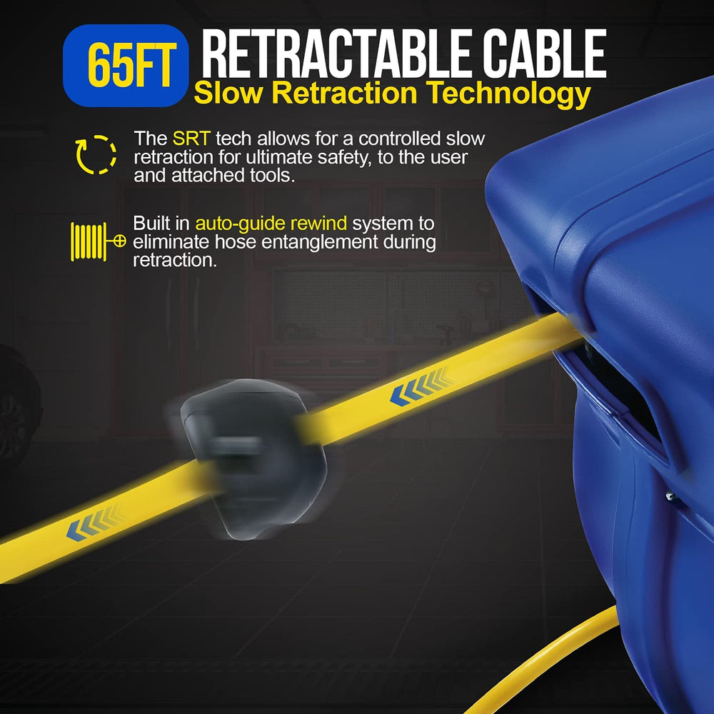 Goodyear Industrial Retractable Extension Cord Reel - 12AWG x 50' Ft, 3  Grounded Outlets, Max 13A 