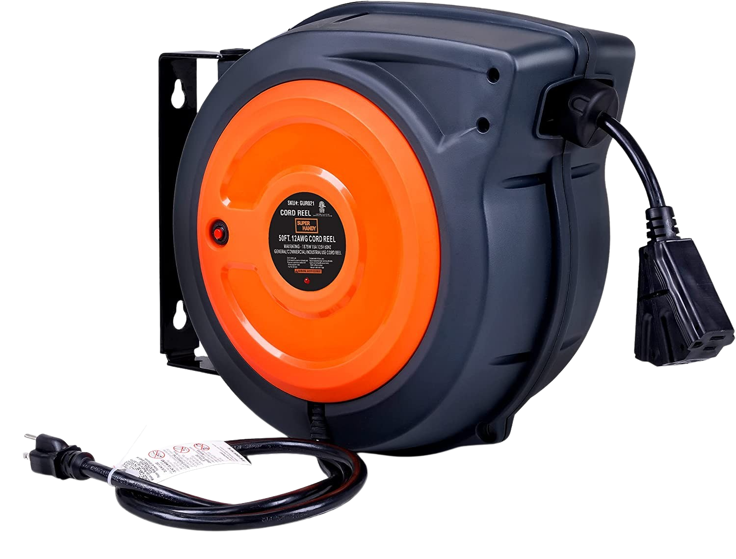 Super Handy GUR030 12AWG x 65' 15A 3 Grounded Outlets Mountable Retractable Extension Cord Reel New