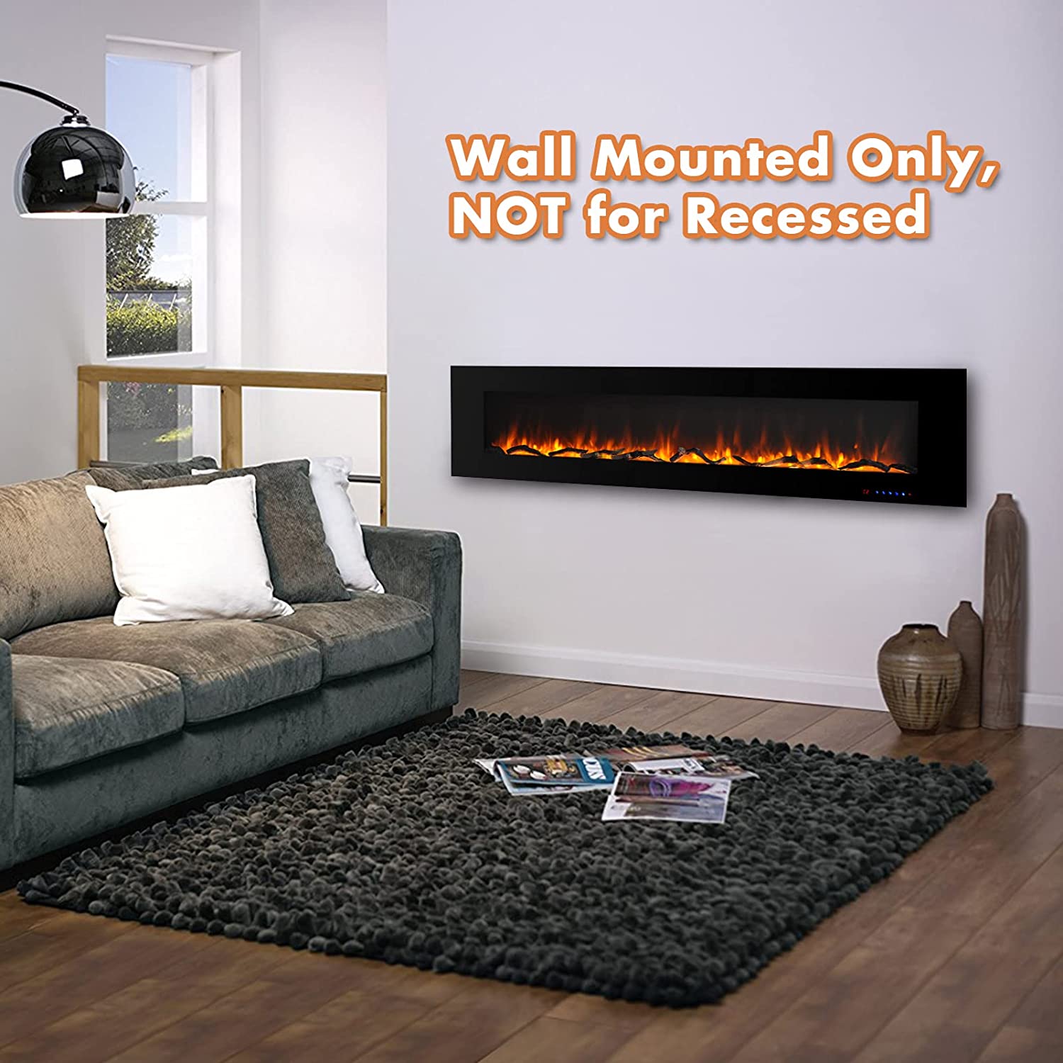 Valuxhome WM84 84 in. 750/1500W Wall Mounted Log and Crystals Fireplace with Remote Black New