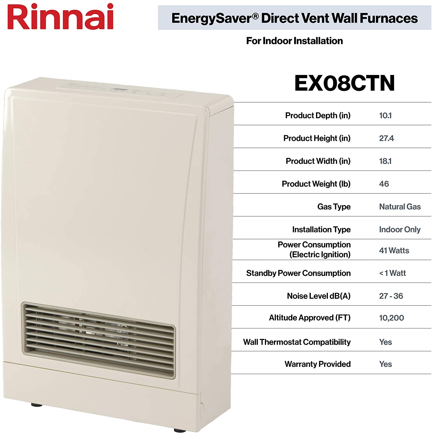 Rinnai 38400 BTU Direct Vent Natural Gas Wall Furnace (EX38CTN)