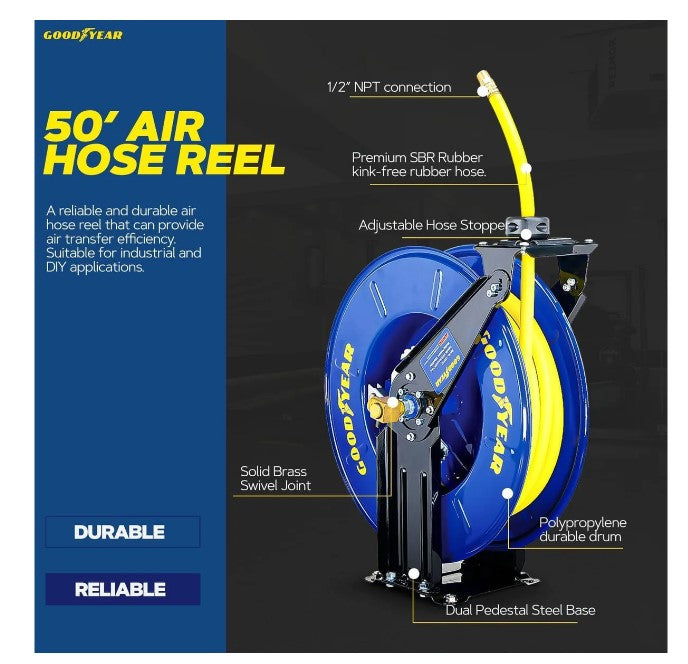 Goodyear Industrial Retractable Air Hose Reel Dual Arm 1/2 x 50' 300 –  FactoryPure