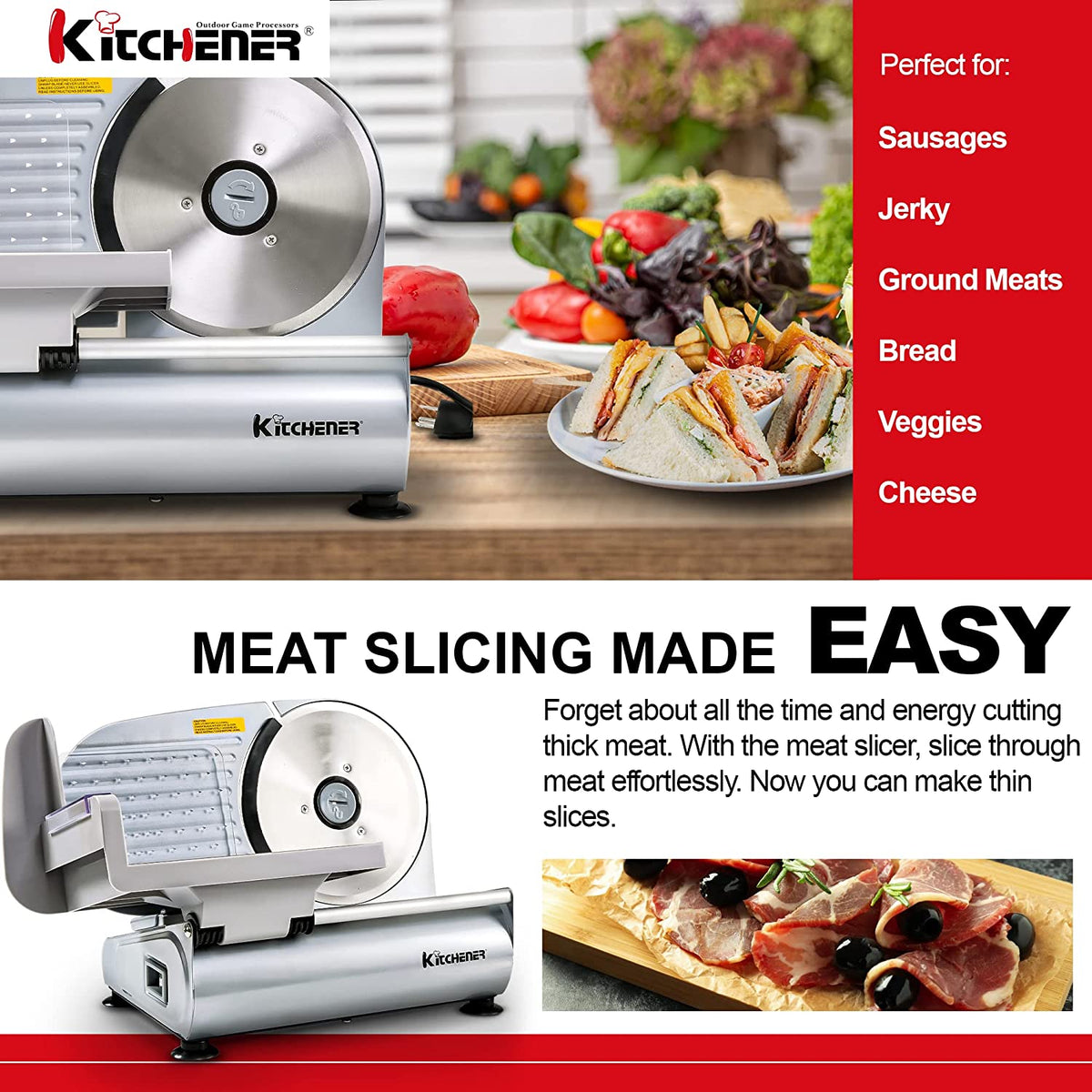 Kitchener 7.5" Stainless Steel Blade Professional Electric Meat Deli Cheese Food Slicer New