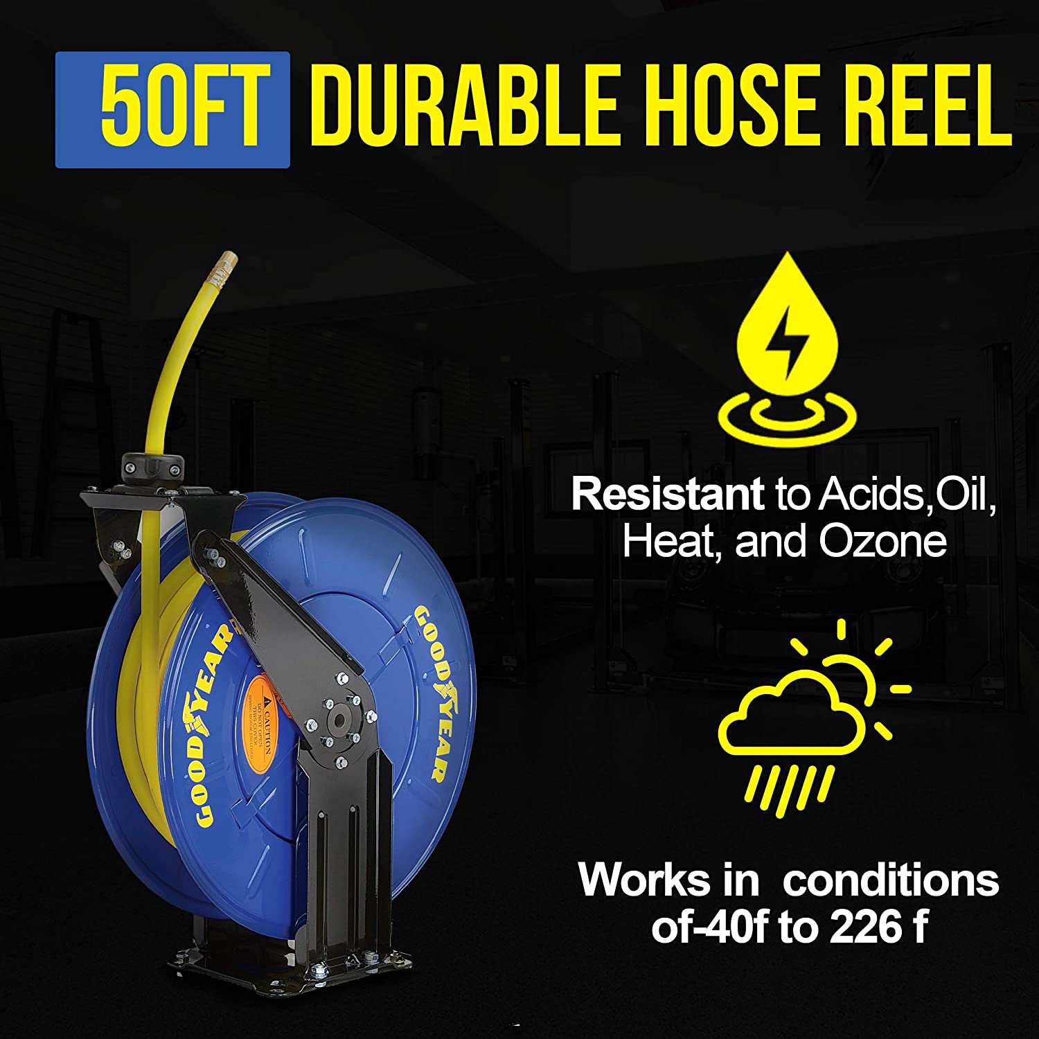 Goodyear 3/8" x 50' 1/4" NPT Connections Industrial Retractable Air Hose Reel New
