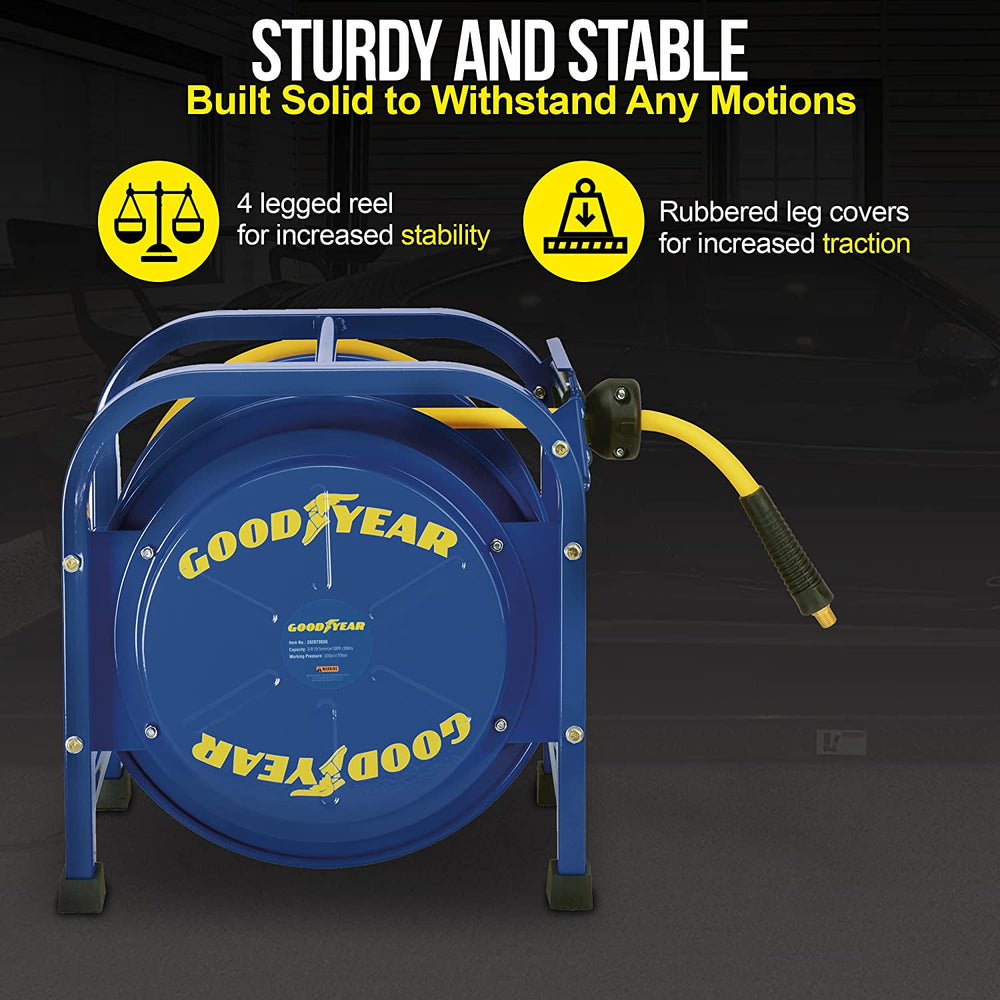Goodyear Mountable Retractable Air Hose Reel - 3/8 x 50' Ft, 3' Ft Lead-In  Hose, 1/4 NPT Connections