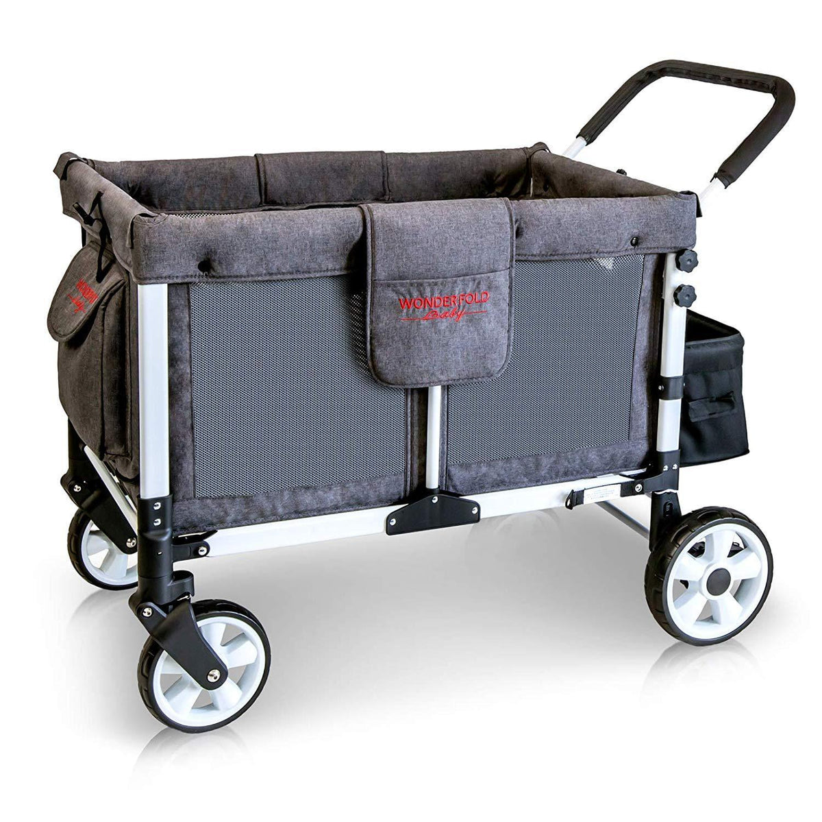 WonderFold Baby Multi-Function Folding Quad Stroller Wagon with Removable Canopy and Seats Gray Used