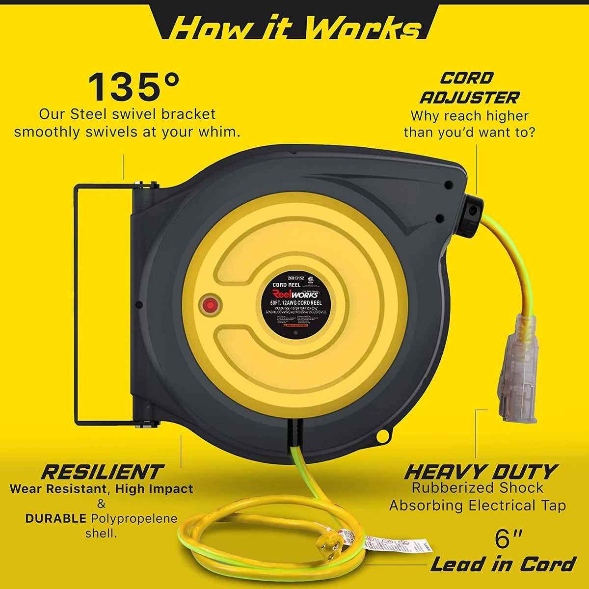 ReelWorks GUR025 12 AWG x 50' Retractable Extension Cord Reel New