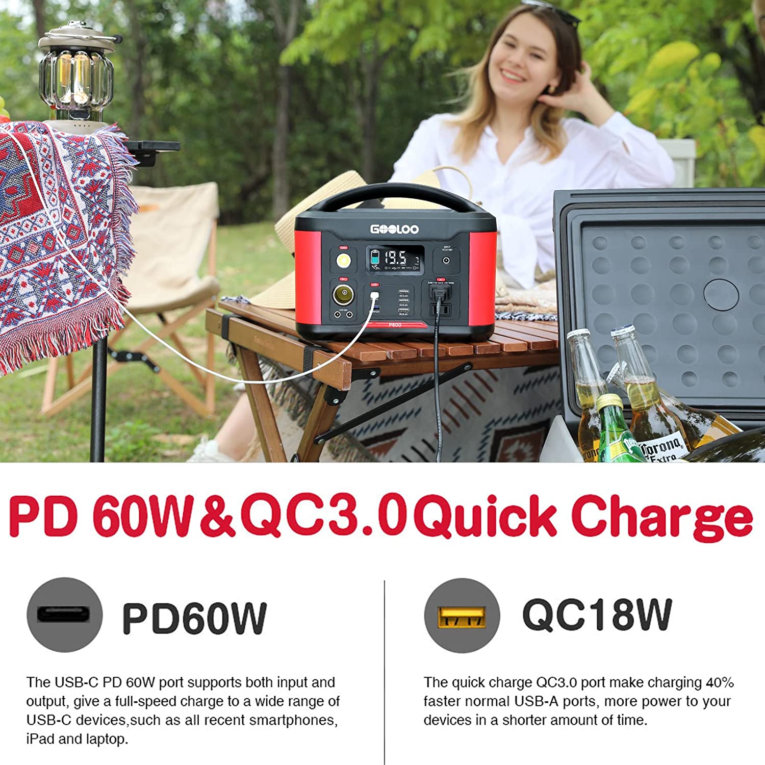 €€ ポータブル電源 GOOLOO P600 レッド GOOLOO P600 626.4Wh 110V/600W Portable Power Station