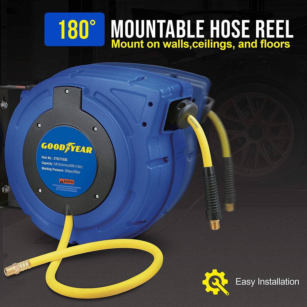 3/8 x 50' Retractable Air Hose Reel 300 PSI Truck Wall Ceiling Mount  Mountable