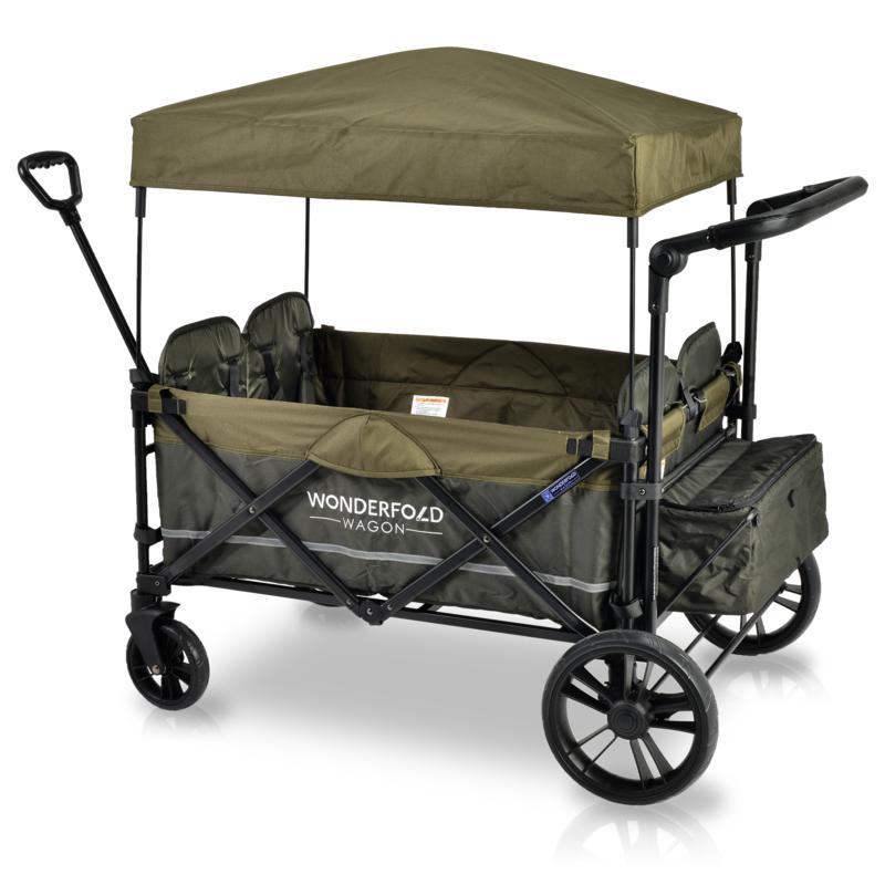 WonderFold Baby X4S Push/Pull 4-Passenger Quad Double Stroller Wagon with Automatic Magnetic Seatbelt Buckles Green New