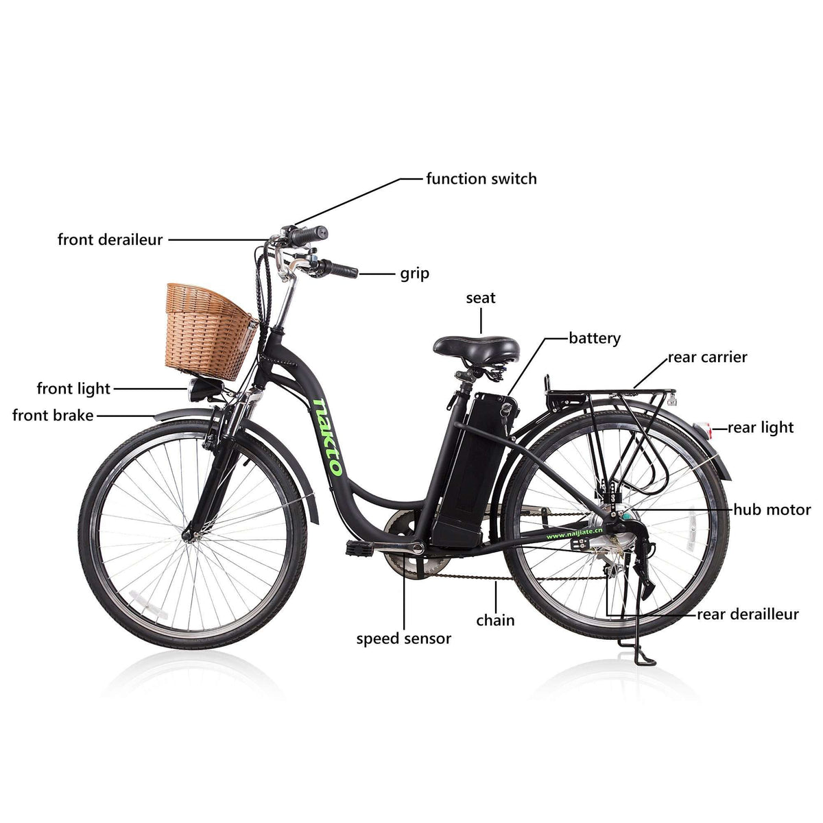NAKTO 26 inch 250W 19 MPH Camel Electric Bicycle 6 Speed E-Bike 36V Lithium Battery Female/Young Adult Black New