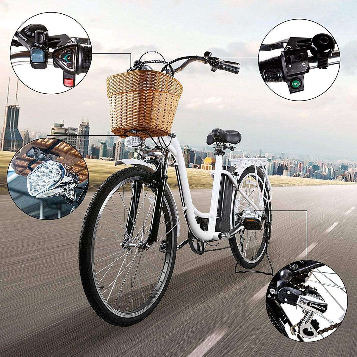NAKTO 26 inch 250W 19 MPH Camel Electric Bicycle 6 Speed E-Bike 36V Lithium Battery Female/Young Adult White New