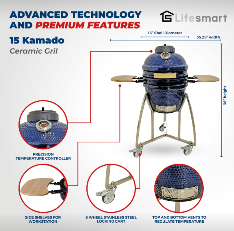 Lifesmart Kamado SCS-K15C 15" Cooking Surface Charcoal Grill and Smoker with Electric Starter and Grill Cover New