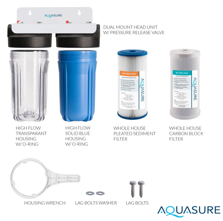 Aquasure AS-F210PSCB Fortitude V Series 10 Inch 2 Stage Whole House Water Filter With Sediment And Carbon New
