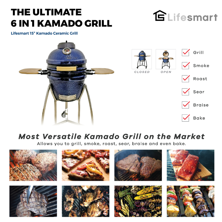 Lifesmart Kamado SCS-K15C 15" Cooking Surface Charcoal Grill and Smoker with Electric Starter and Grill Cover New