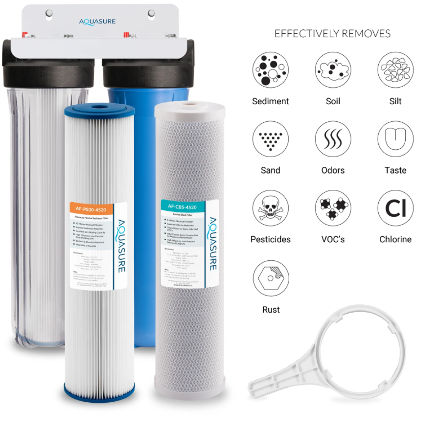 Aquasure AS-F220PSCB Fortitude V Series 20 Inch 2 Stage Whole House Water Filter With Sediment And Carbon New