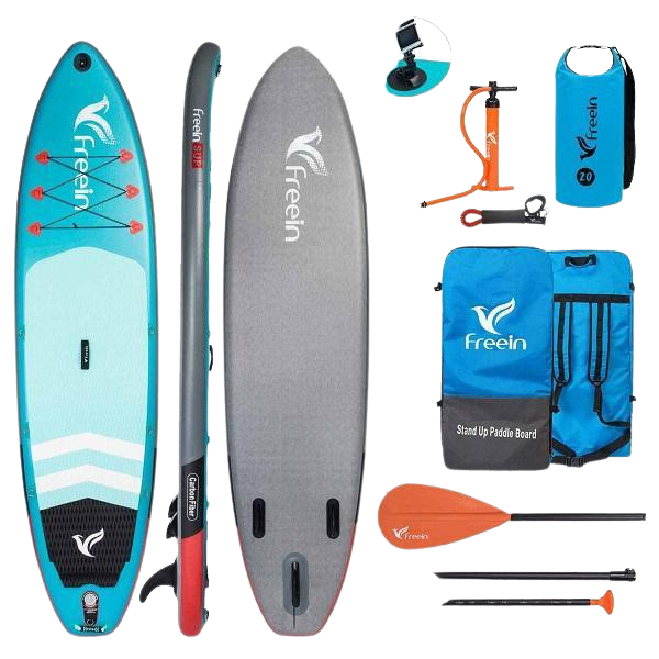 Freein 11' Explorer Inflatable SUP Stand Up Paddle Board Package Dual Action Pump Camera Mount Light Blue New