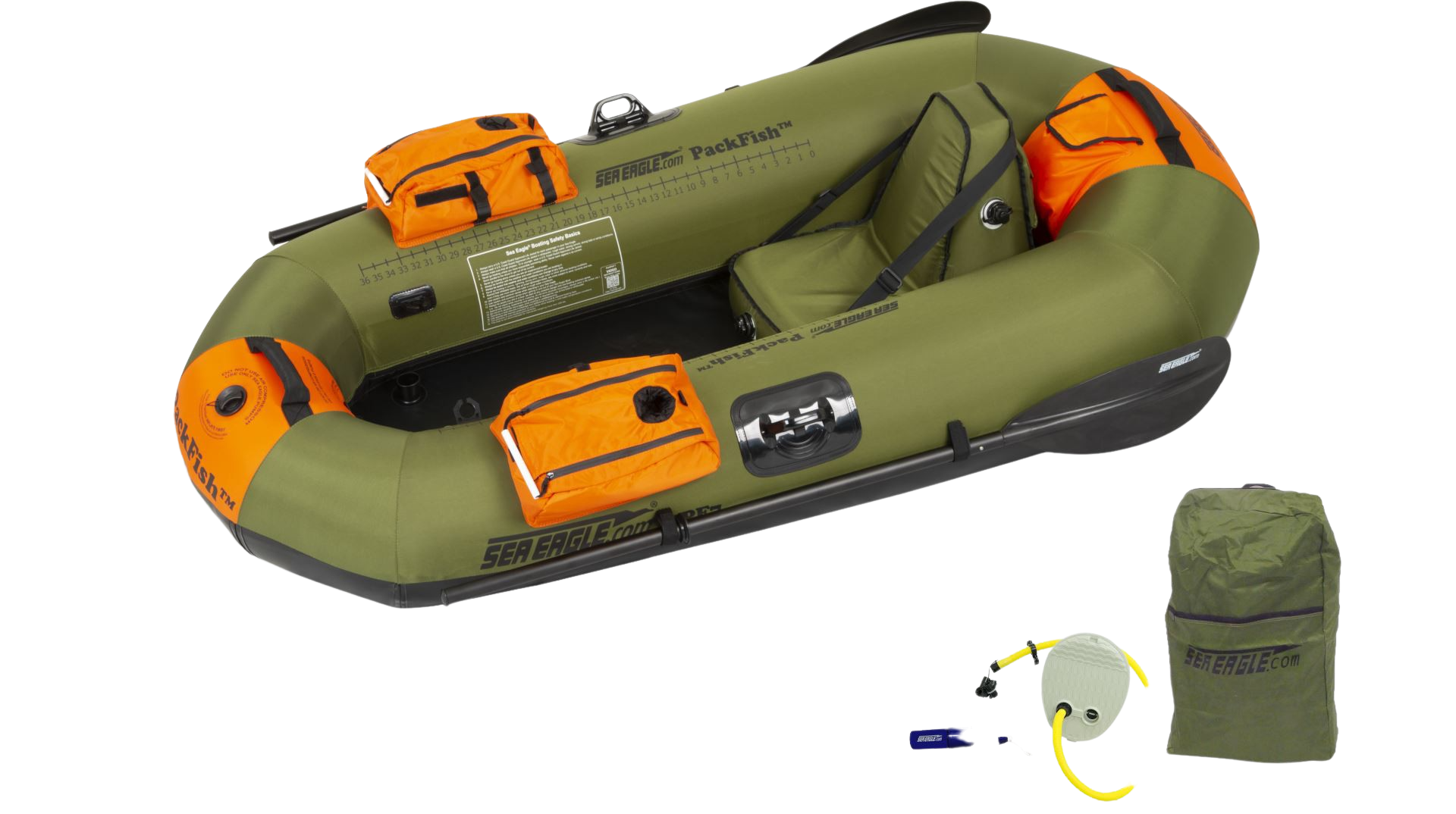 Sea Eagle PackFish 7 Inflatable Boat Deluxe Fishing Package Green Orange New