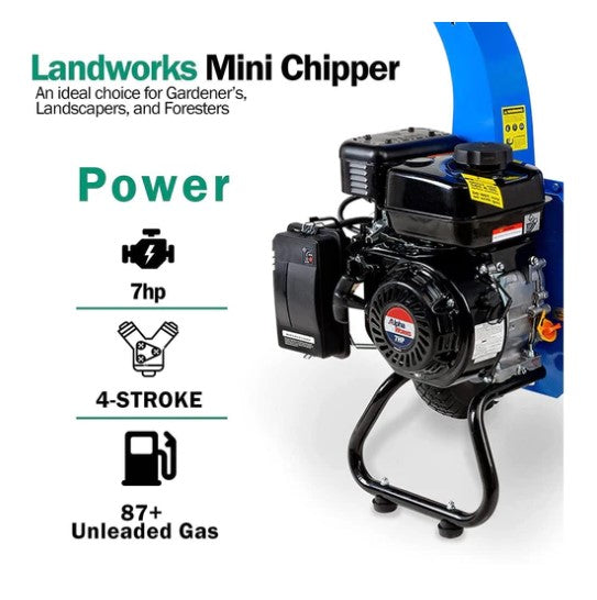 Landworks GUO033 7HP 212CC Gas Engine 3" Max Branch Diameter Wood Chipper and Shredder New