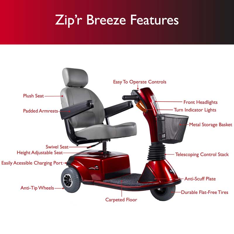 Zip'r Breeze 3-Wheel 24V 250W Heavy Duty Mobility Scooter Blue New