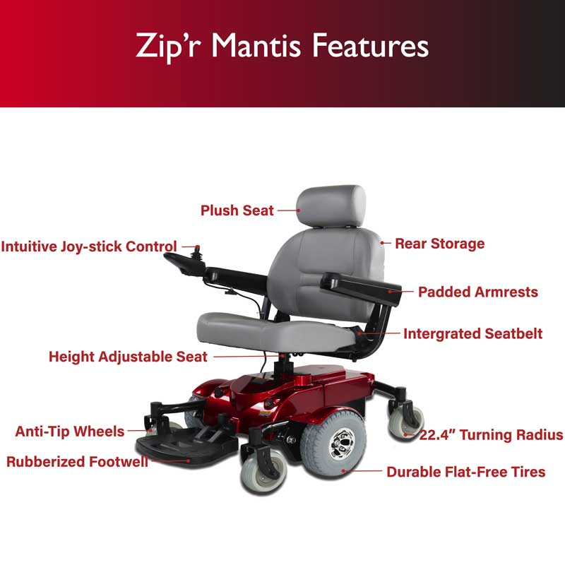 Zip’r Mantis SE Electric Wheelchair with Power Adjustable Seat Blue New
