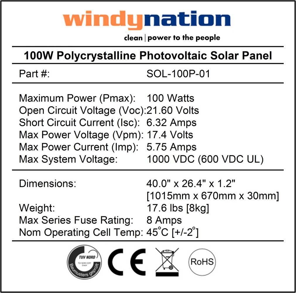 WindyNation SOK-100WPI-15 Complete 100 Watt Solar Panel Kit with 1500W VertaMax Power Inverter for 12 Volt Battery Systems New