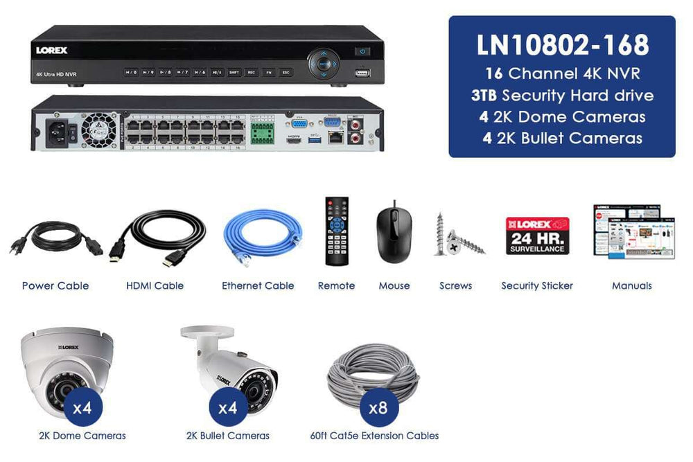 Lorex LN10802-168W 8 Camera 16 Channel NVR 2K IP Indoor/Outdoor Surveillance Security System New