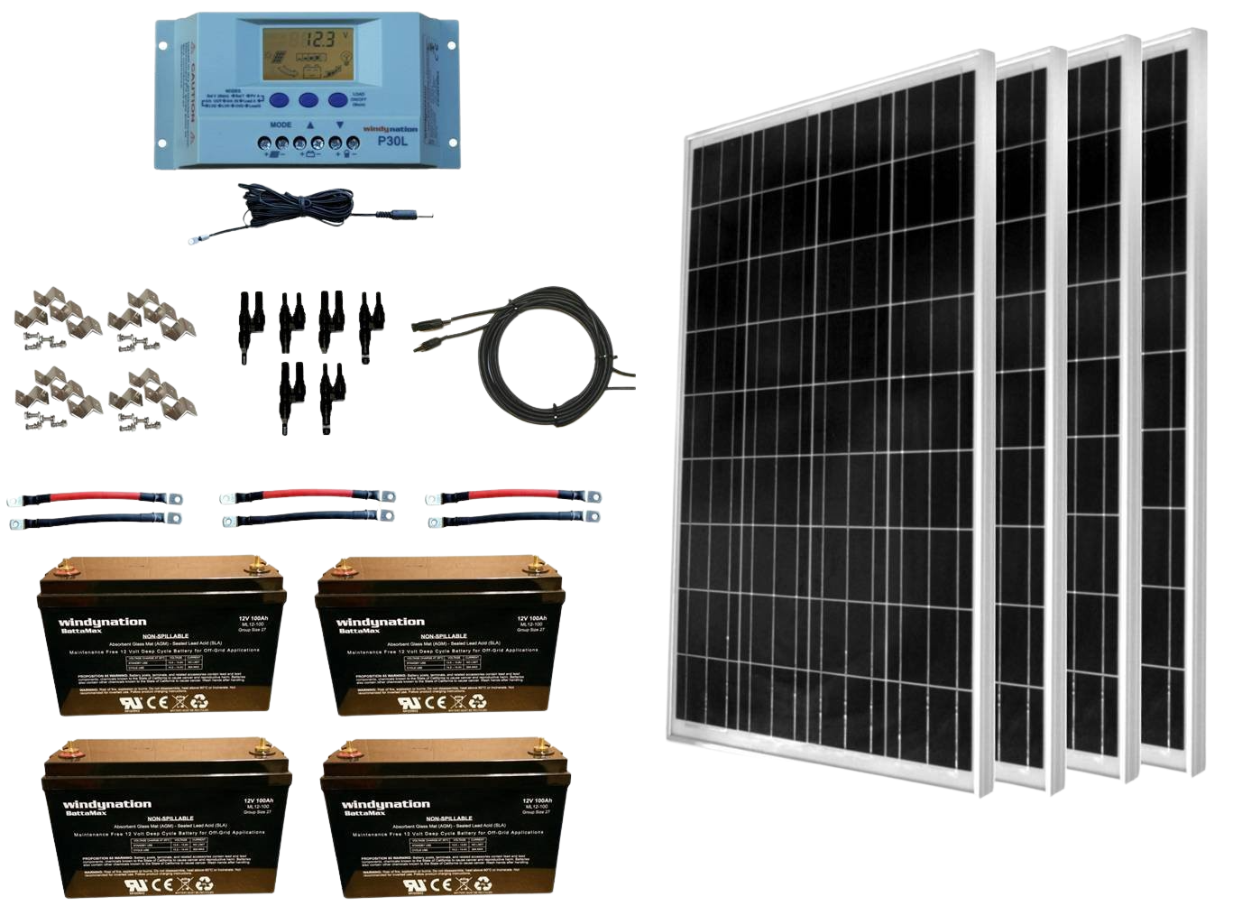 WindyNation SOK-400WP-P30L-400B 400 Watt Solar Panel Kit with 400ah AGM Battery New