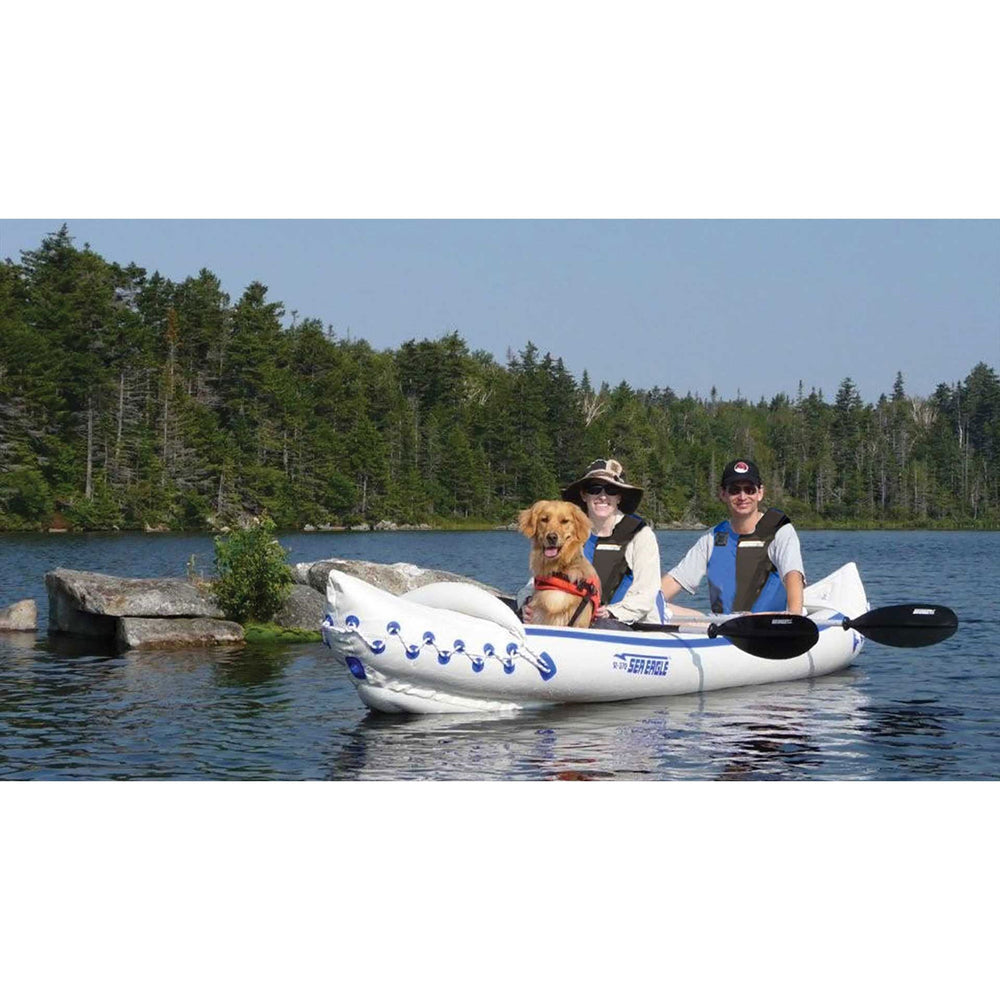 Sea Eagle 370 Inflatable Portable Sport Kayak Canoe 3 Person Pro Package With Paddles White Blue New