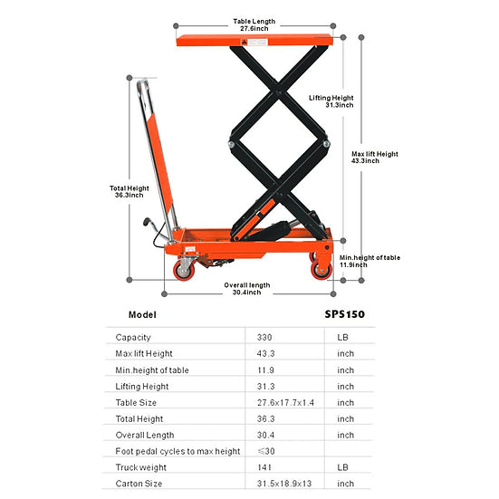 Tory Carrier LTD330 Double Scissor Lift Table Cart 330 lbs Capacity 43.3" Lifting Height New