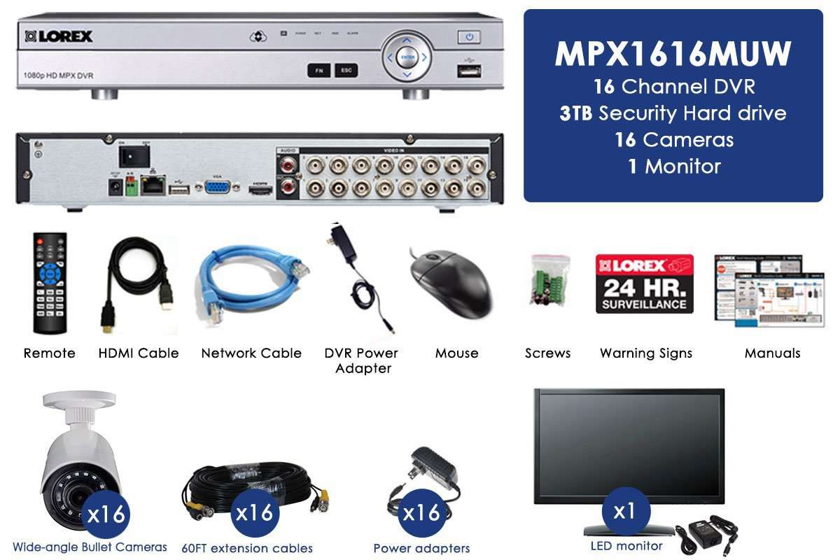 Lorex MPX1616MUW 16 Camera 16 Channel HD 1080P DVR with Widescreen Monitor Surveillance Security System New
