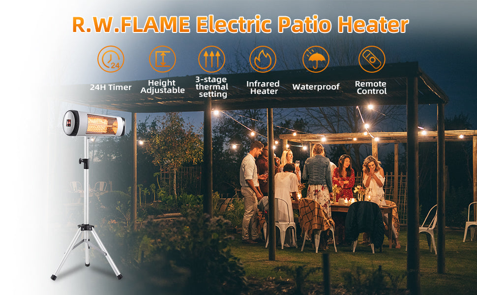 RW Flame 516B 500W-1500W Height Adjustable Waterproof IP65 Rated Infrared Electric Patio Heater With Remote New
