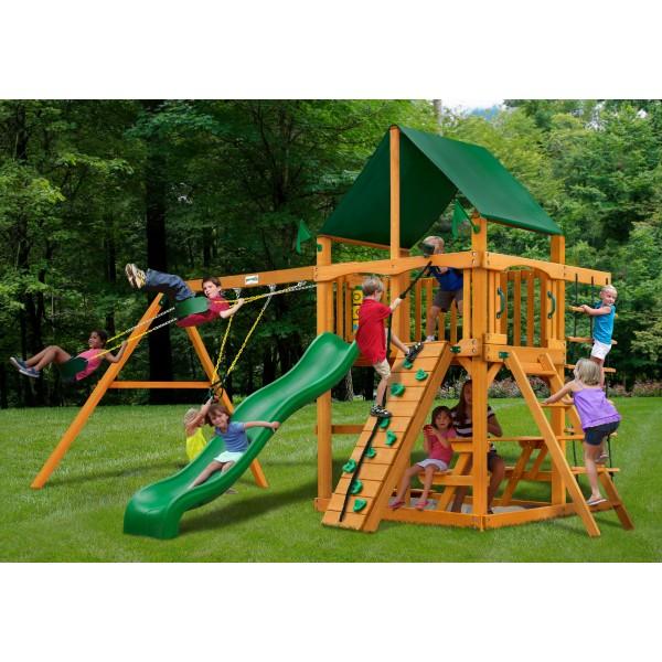Gorilla Playsets 01-0003-AP-2 Chateau Amber Posts Swing Set and Residential Wood Playset with Sunbrella Canvas Forest Green Canopy New