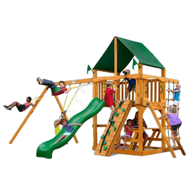 Gorilla Playsets 01-0003-AP-2 Chateau Amber Posts Swing Set and Residential Wood Playset with Sunbrella Canvas Forest Green Canopy New