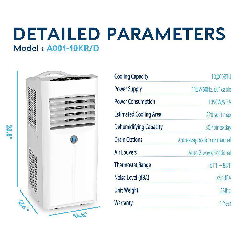 JHS A001-10KR/D 10,000 BTU Portable Air Conditioner with Dehumidifier and Remote White New