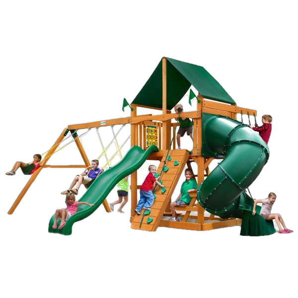 Gorilla Playsets 01-0005-AP-2 Mountaineer Amber Posts Swing Set and Residential Wood Playset with Sunbrella Canvas Forest Green Canopy New